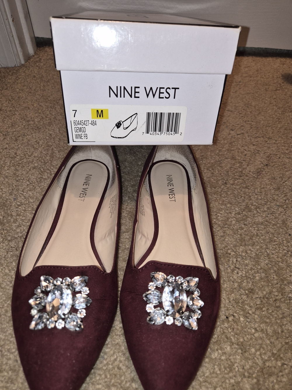 Nine West Wine Burgundy Suede Pointed Flats with Crystal Embellishment